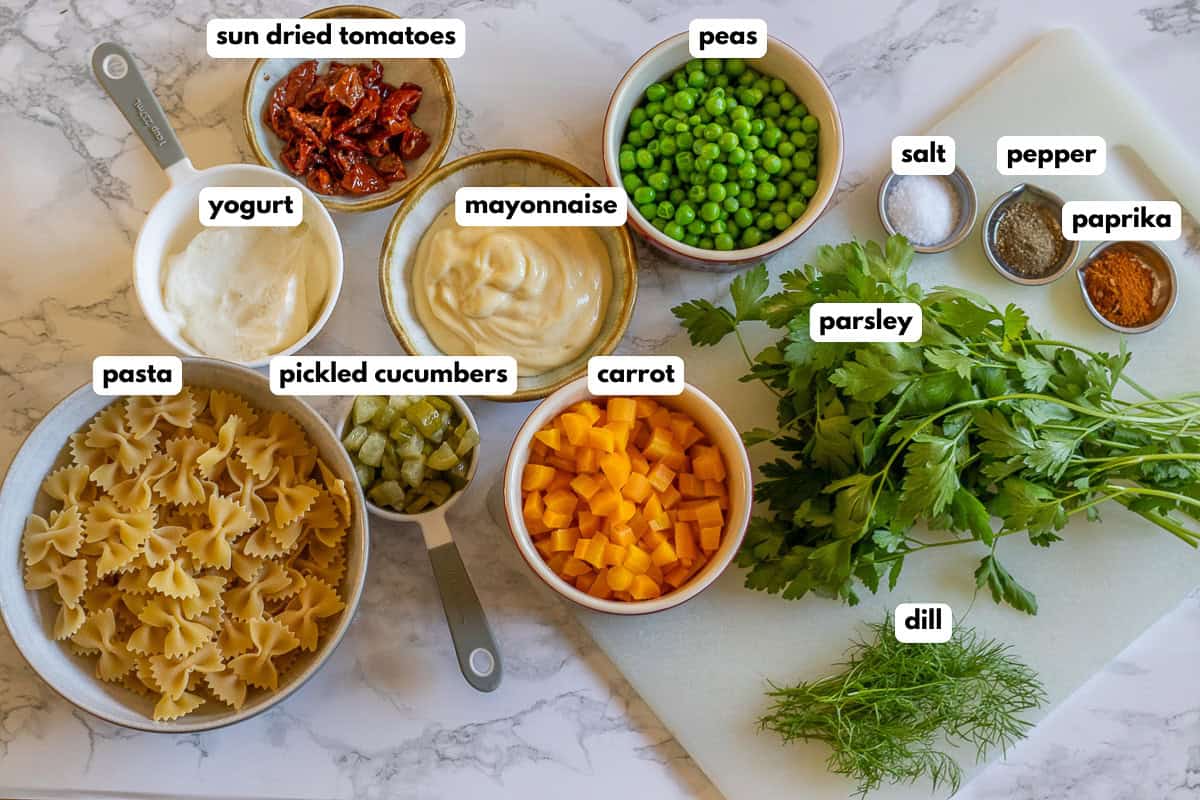 labelled picture of ingredients for makarna salatasi - healthy turkish pasta salad