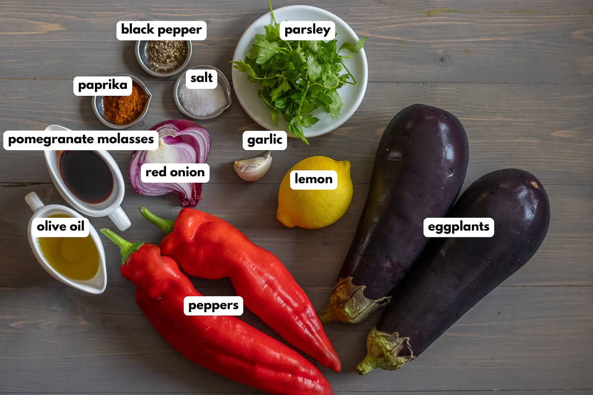 labelled picture of ingredients for patlican salatasi - Turkish smoky eggplant salad