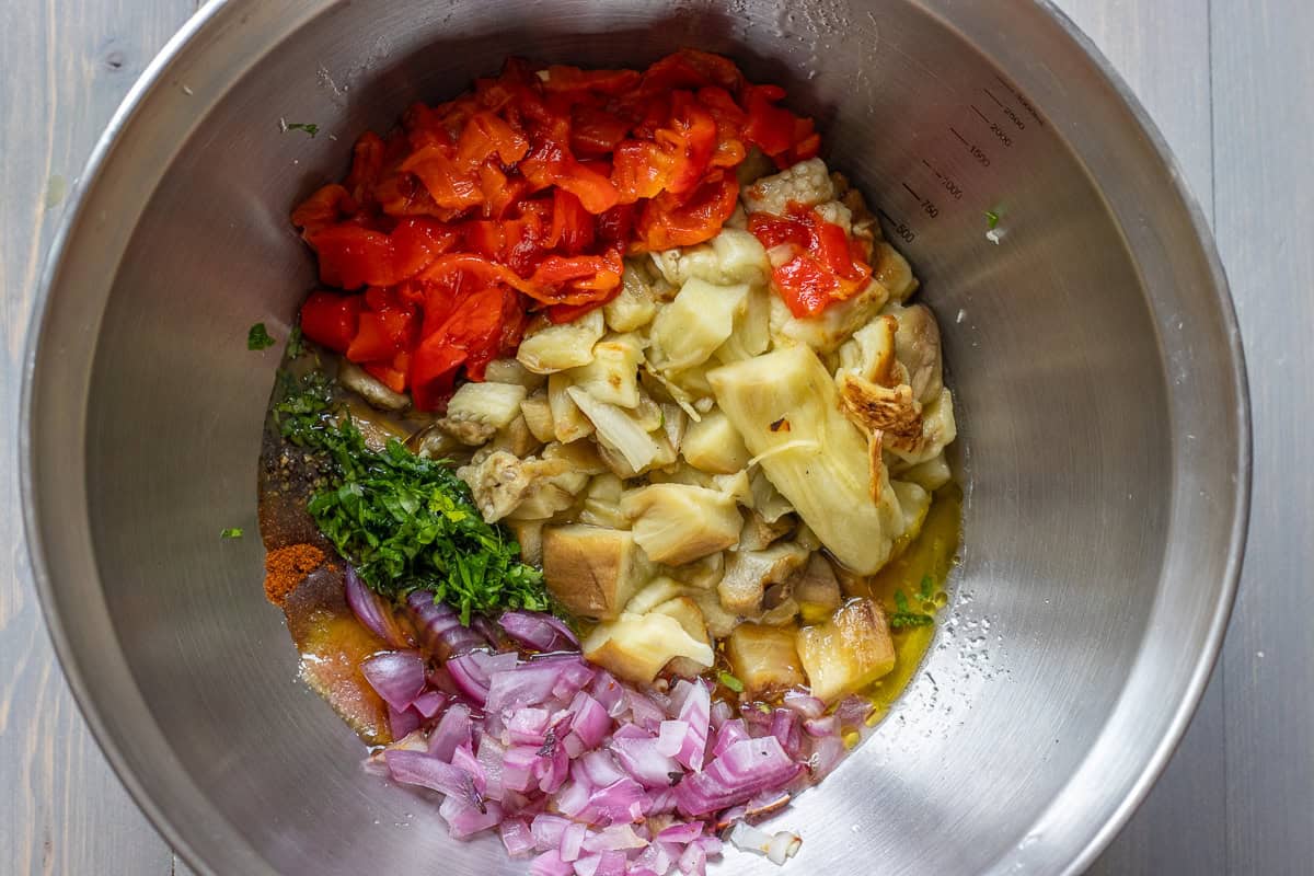 chooped vegetables are placed in a bowl