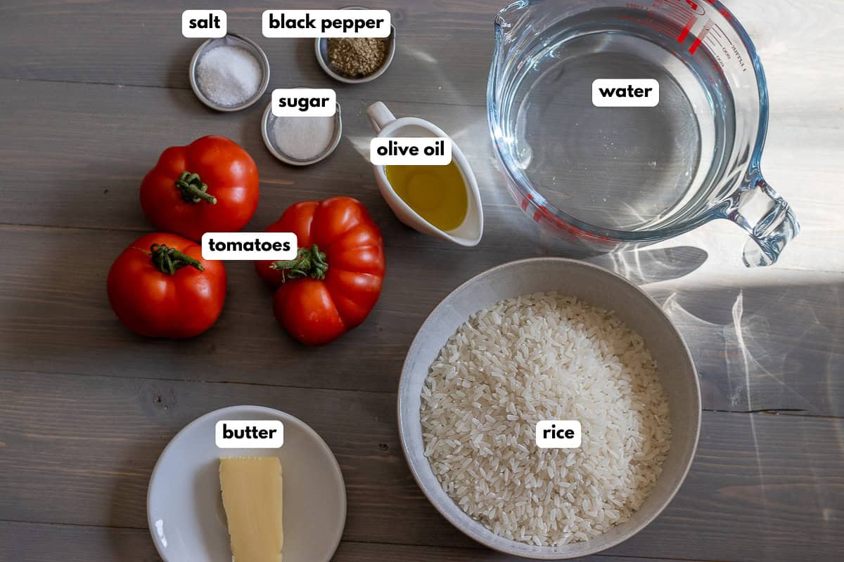 labelled picture of ingredients for tomato rice pilaf