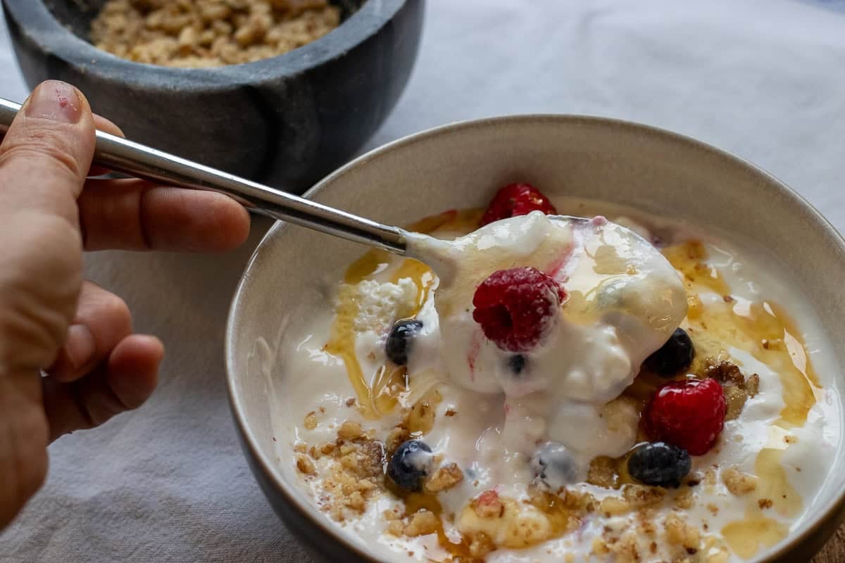 homemade yogurt served in a bowl with fruits and nuts