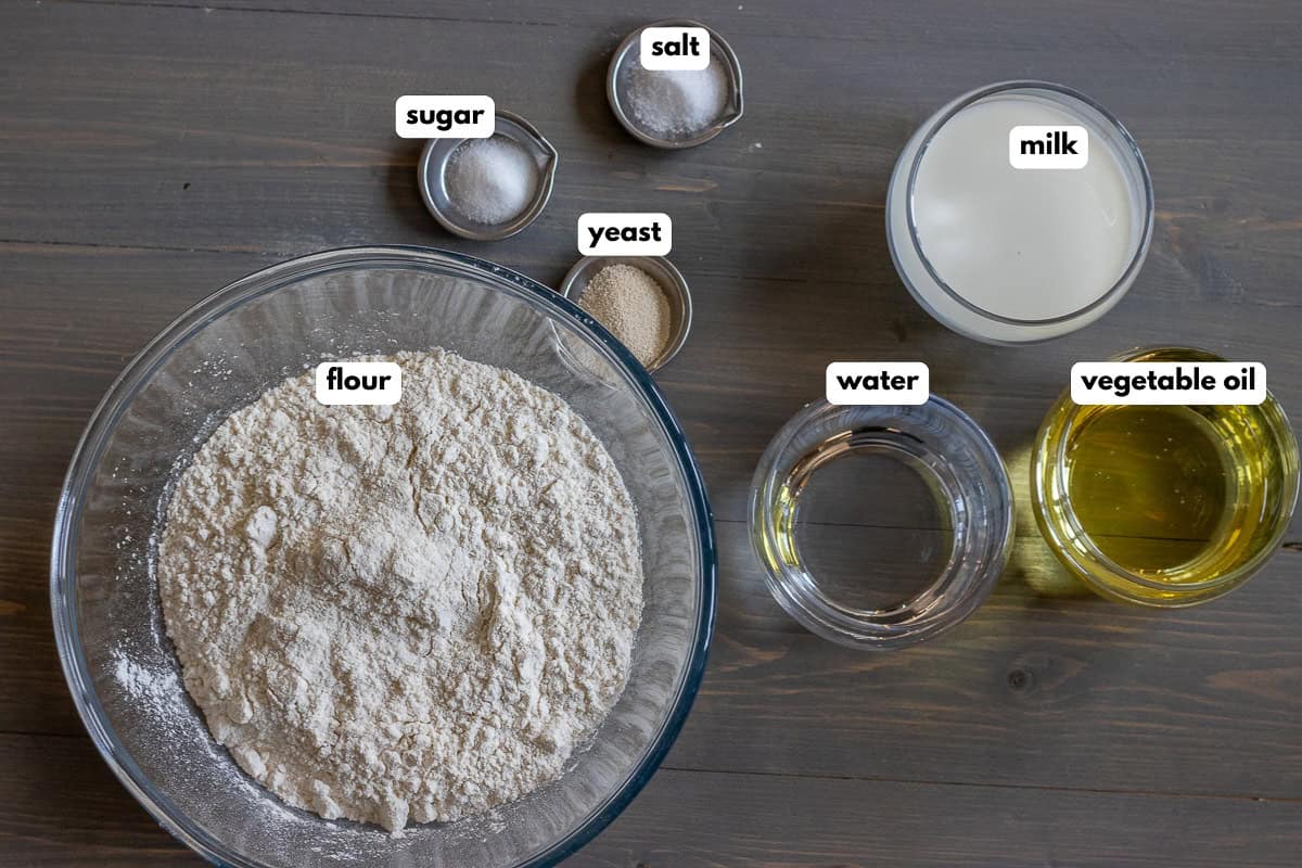labelled picture of ingredients for pisi - turkish fried dough
