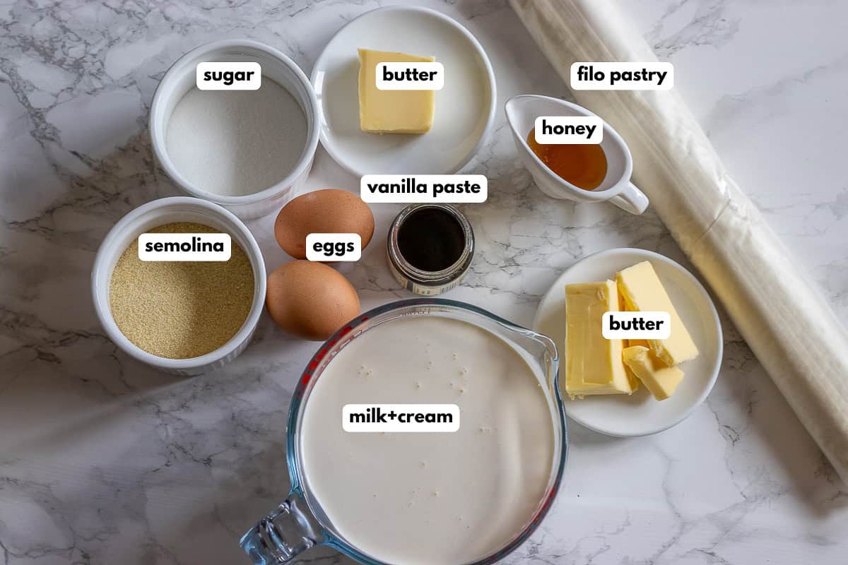 labelled picture of ingredients for greek custard dessert