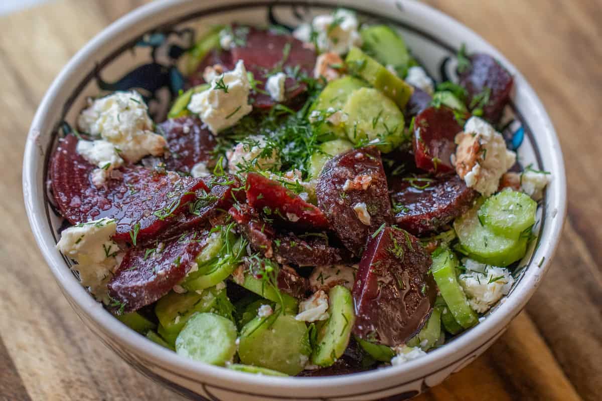 a bowl of beet cucumber salad