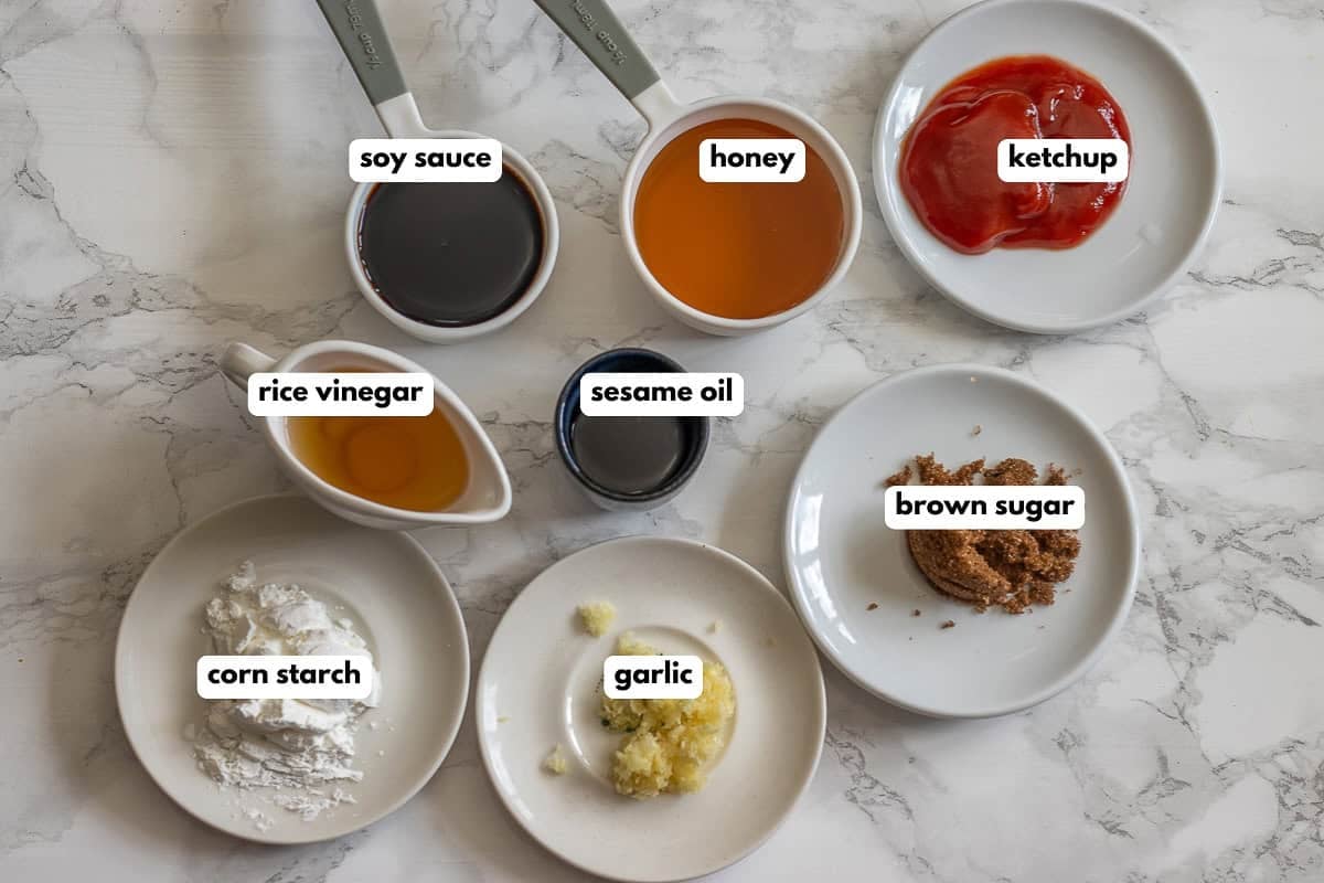 Labelled ingredisnts for the honey sesame chicken sauce.