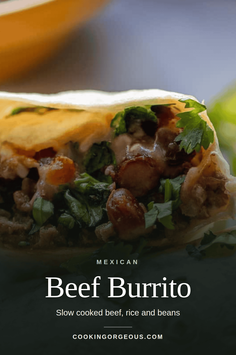 Beef burrito cut open showing the filling.