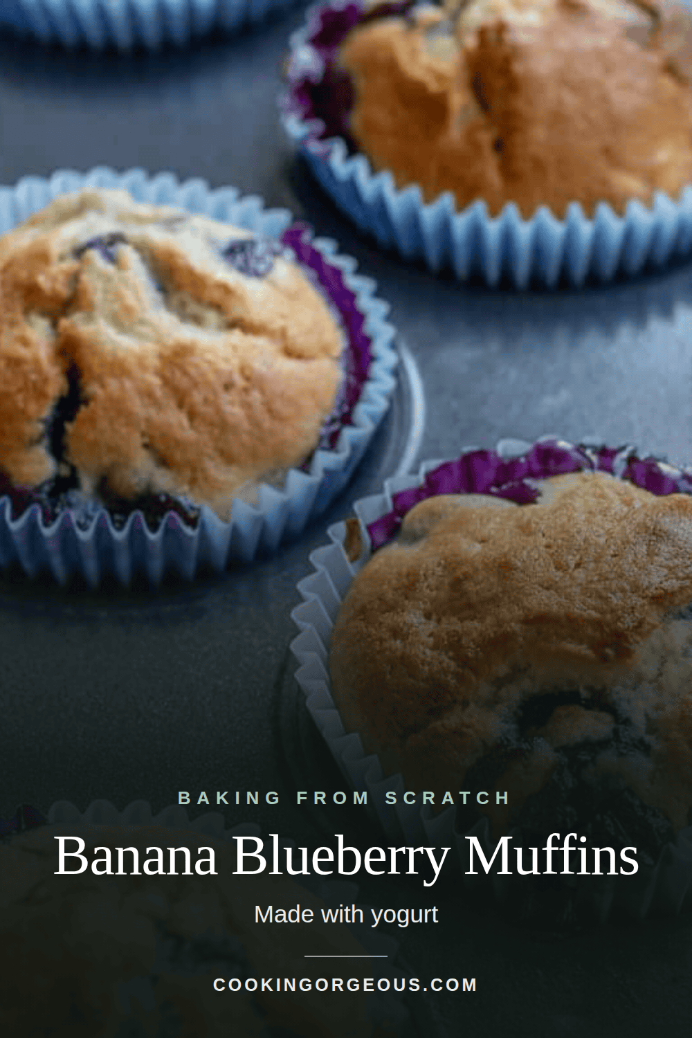 Banana and blueberry muffins cooling on a rack.