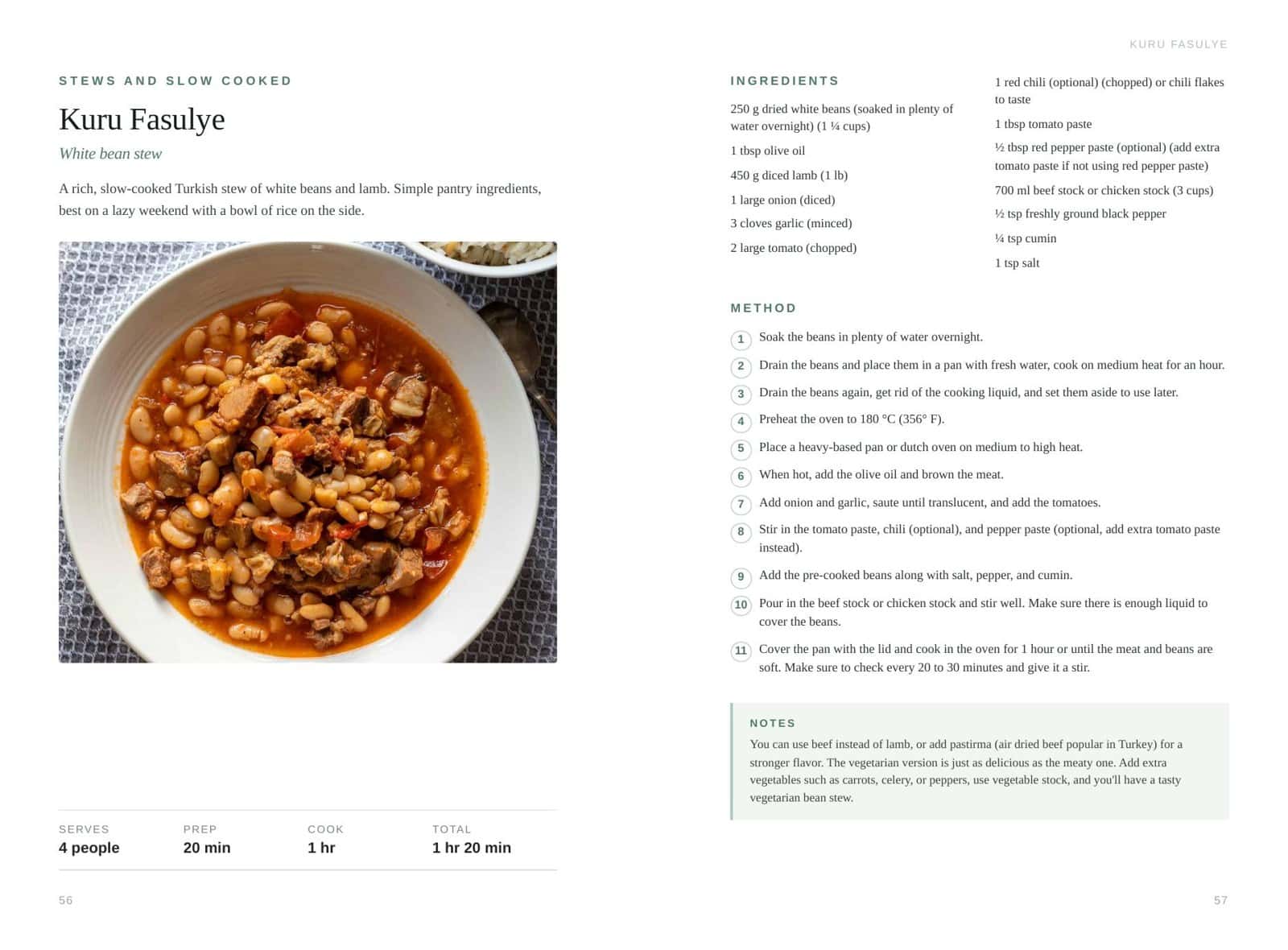A two page spread from the cookbook showing the Kuru Fasulye recipe.