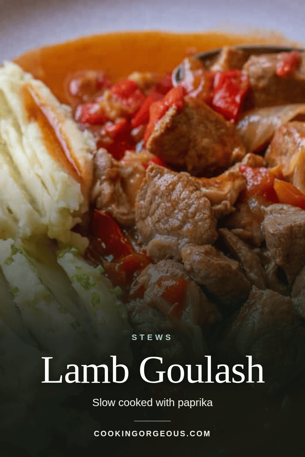 Lamb goulash stew with peppers in a bowl.