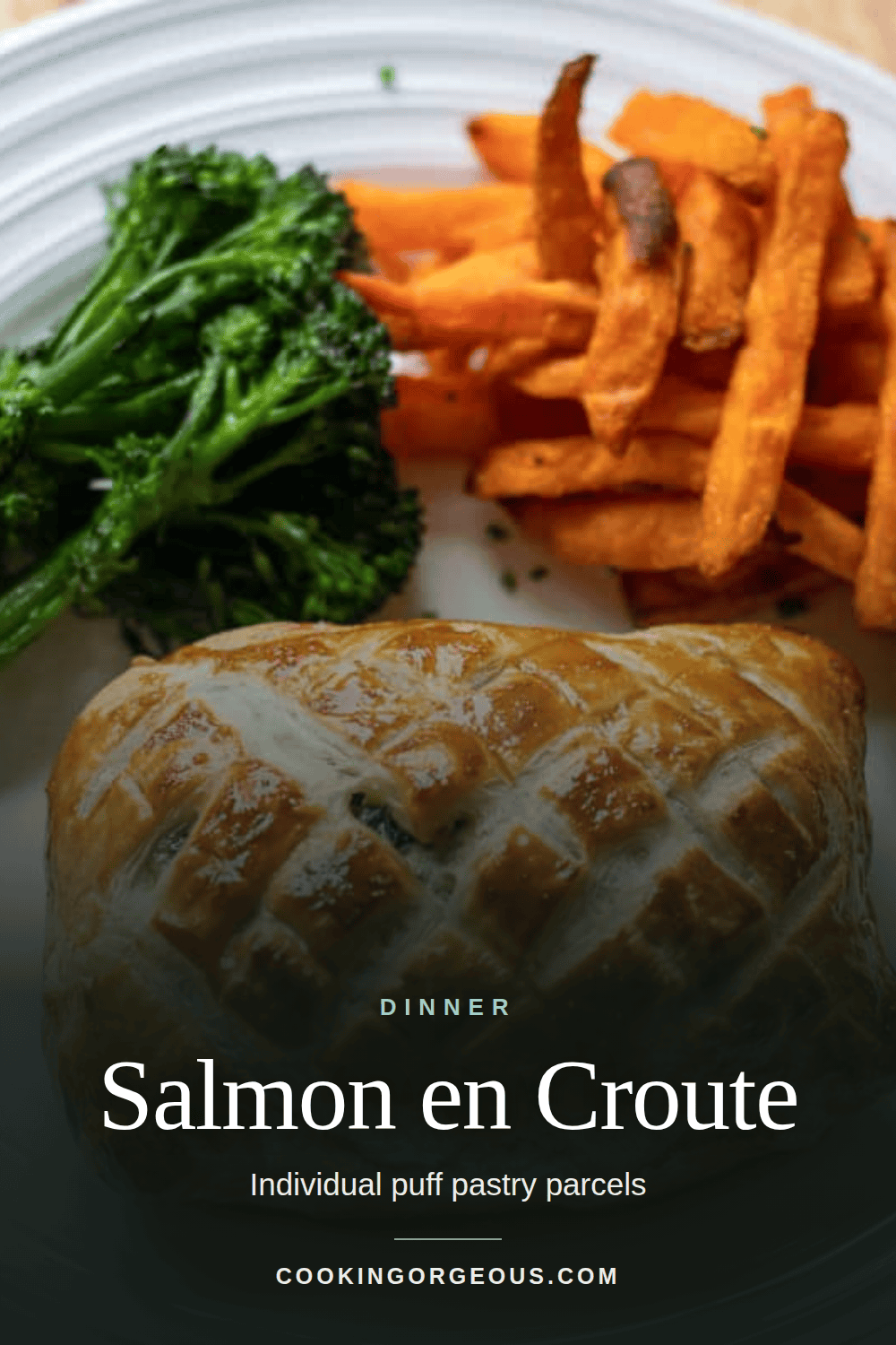 Individual salmon en croute, golden pastry parcel.