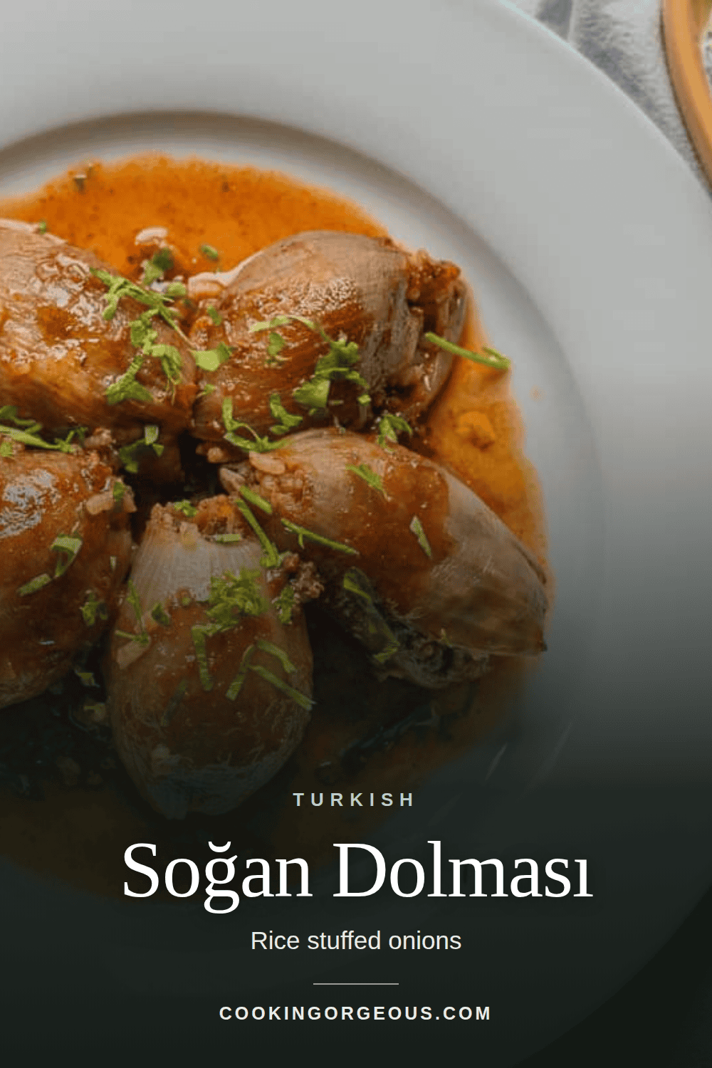 Rice stuffed onions, soğan dolması, on a serving plate.