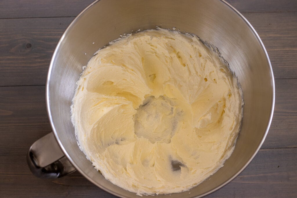 Creamed butter and sugar in a mixing bowl.