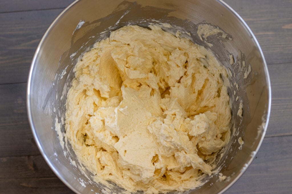 Eggs beaten into the creamed butter and sugar.
